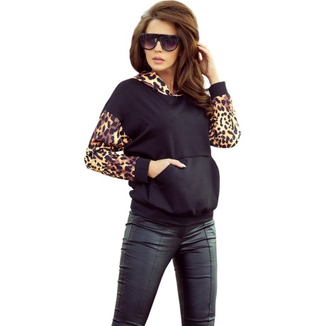 279-2 Bluza kangurka z kapturem - czarna z panterkowymi wstawkami