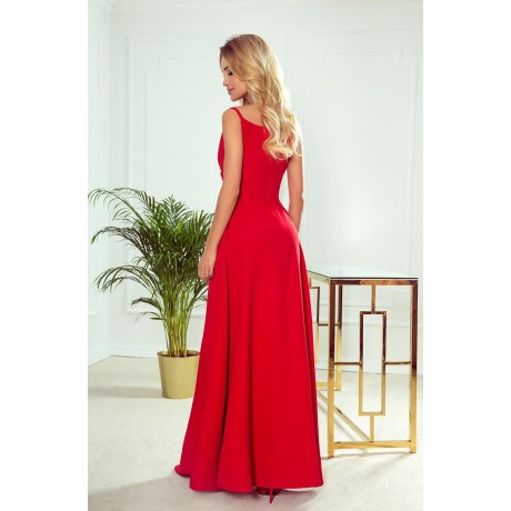 299-1 CHIARA elegancka maxi suknia na ramiączkach - CZERWONA