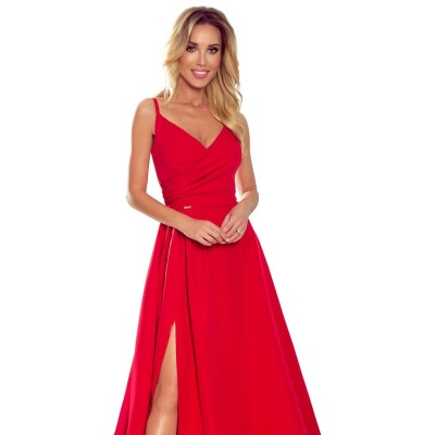 299-1 CHIARA elegancka maxi suknia na ramiączkach - CZERWONA