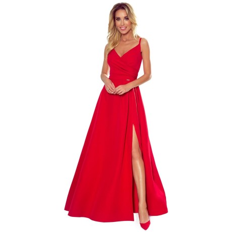 299-1 CHIARA elegancka maxi suknia na ramiączkach - CZERWONA