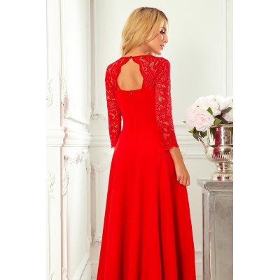 309-3 AMBER elegancka koronkowa długa suknia z dekoltem - CZERWONA