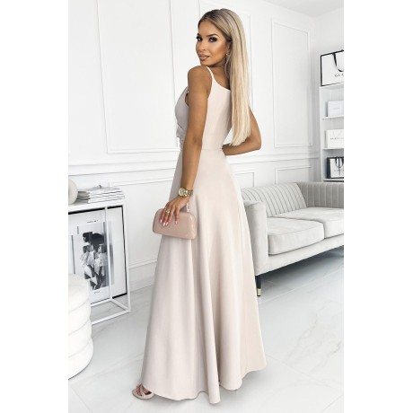 299-6 CHIARA elegancka maxi suknia na ramiączkach - BEŻOWA