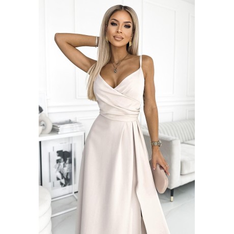 299-6 CHIARA elegancka maxi suknia na ramiączkach - BEŻOWA