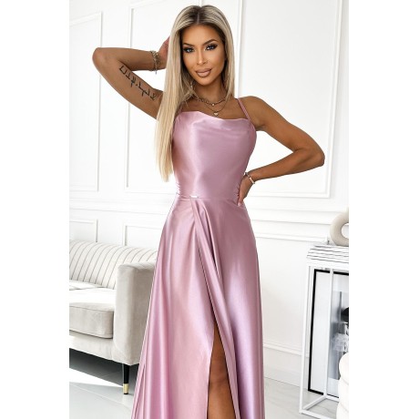 419-3 PERLA satynowa długa suknia z dekoltem na plecach - BRUDNY RÓŻ