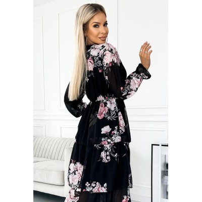 435-1 MARTINA Sukienka midi z dekoltem i trzema falbanami - róże na czarnym tle