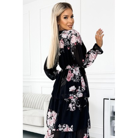 435-1 MARTINA Sukienka midi z dekoltem i trzema falbanami - róże na czarnym tle