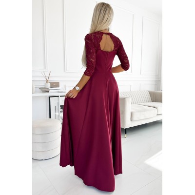 309-9 AMBER elegancka długa suknia maxi z koronkowym dekoltem - BORDOWA