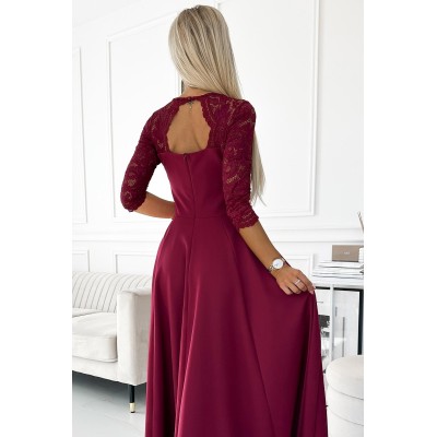 309-9 AMBER elegancka długa suknia maxi z koronkowym dekoltem - BORDOWA