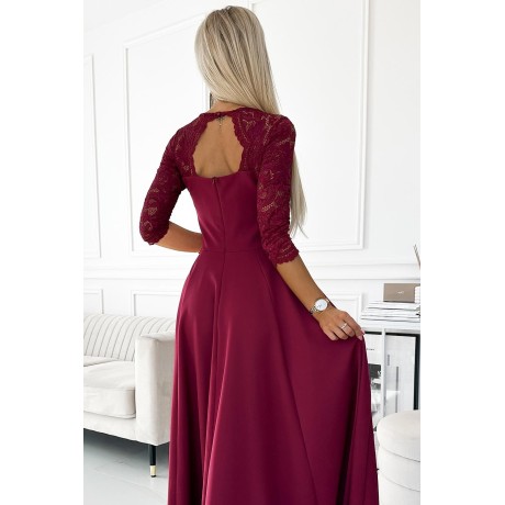 309-9 AMBER elegancka długa suknia maxi z koronkowym dekoltem - BORDOWA