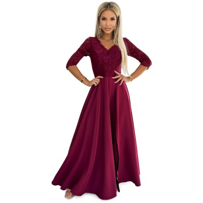 309-9 AMBER elegancka długa suknia maxi z koronkowym dekoltem - BORDOWA